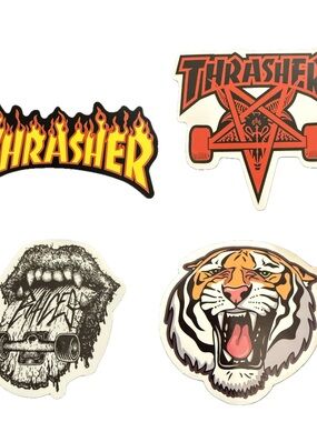 Thrasher Skateboard Sticker Lot Flame Logo Tiger Skull Graphic Decals 4pc